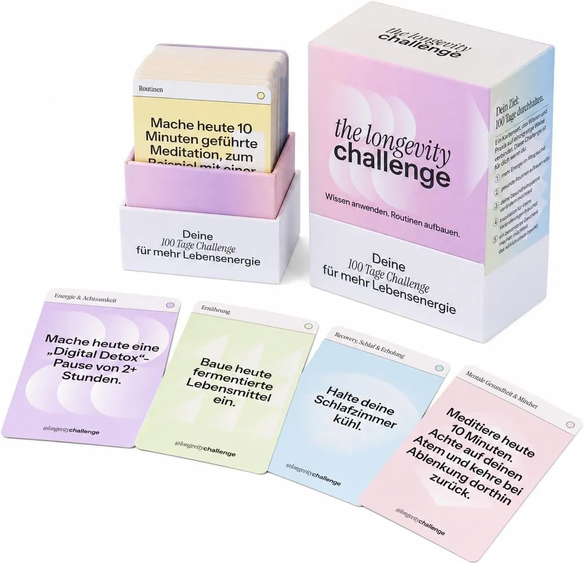 Longevity-Challenge-Box mit aufgefächerten Impulskarten aller sechs Kategorien